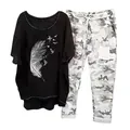 Casual women's two-piece set featuring feather print t-shirt and camouflage pants - 3XL / Top And Bottom / Black (Feather and Bird Pattern-Element 24)