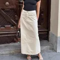 Elegant beige high waist straight denim maxi skirt for women stylish autumn commuter fashion - S / Bottoms / Off White