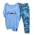 Fashionable women's two-piece casual lounge set with heartbeat print and blue camo pants - 3XL / Top And Bottom / Blue (Heartbeat and Heart Pattern-Element 25)