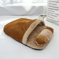 Cozy brown corduroy pet sleeping bag with soft plush lining and matching small pillow - With Pillow / Large (65x50cm) / Coffee