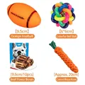 Set mit Hundespielzeug, Quietsch-Football, Glockenball, Rinder-Leckerlis und Karotten-Seil - Training Backenzahn-Stil / 4-teiliges Set