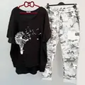Casual two-piece set with dandelion print top and camouflage pants - 3XL / Top And Bottom / Black Dandelion Print (134105-1)