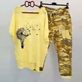 Women's two-piece casual set with yellow dandelion print t-shirt and camouflage pants - 3XL / Top And Bottom / Yellow Dandelion Print (134105-1)