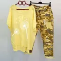 Women's two-piece casual set featuring yellow dandelion print tee and camouflage joggers - 3XL / Top And Bottom / Yellow White Dandelion Style (134105-7)