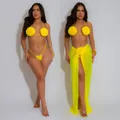 Bright yellow three-piece bikini set with 3D floral accents and sheer wrap skirt - S / Set / Yellow