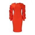 Close-up of elegant orange-red long sleeve midi dress with tiered ruffle sleeve detail - S / Dresses / Orange Red