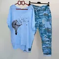 Women's stylish two-piece set featuring light blue dandelion tee and blue camo pants - 3XL / Top And Bottom / Blue Dandelion Style (134105-1)