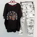 Two-piece casual set featuring butterfly print T-shirt and camouflage pants - 3XL / Top And Bottom / Black Butterfly Style (134105-3)