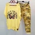 Stylish women's yellow short sleeve T-shirt with butterfly print and camouflage jogger pants set - 3XL / Top And Bottom / Yellow Butterfly Style (134105-3)