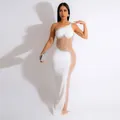 Abito lungo bianco sexy monospalla con eleganti perle, strass e dettagli in rete - Bianco