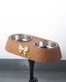 Double gamelle marron matelassée pour animaux avec nœud doré et bols en acier inoxydable - Café