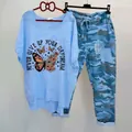 Women's two-piece casual outfit with butterfly print t-shirt and blue camouflage pants - 3XL / Top And Bottom / Blue Butterfly Style (134105-3)