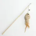 Handmade natural wooden cat teaser wand featuring sisal rope fish and soft feather tail - Natural Paper Rope Fish Style / Independent OPP Packaging