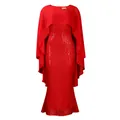 Red sequin bodycon maxi dress featuring an elegant chiffon cape for stylish evening parties. - S / Dresses / Red