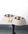 Double gamelle en acier inoxydable pour animaux avec nœud doré pour chiens et chats - Blanc Cassé