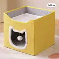 Cuccia per gatti a cubo gialla pieghevole con fodera in peluche e pallina - Stile con Apertura a Testa di Gatto / 40x40x36.5cm / Giallo