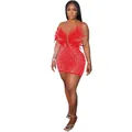 Detail shot of a sexy red bodycon dress featuring feather chest and pearl rhinestones - XS / Dresses / Red
