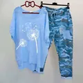 Two-piece casual set featuring a blue dandelion print t-shirt and camouflage trousers - 3XL / Top And Bottom / Blue White Dandelion (134105-7)