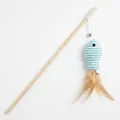 Handheld interactive wooden cat teaser wand with blue striped rope fish and feathers - Blue Paper Rope Fish Style / Independent OPP Packaging