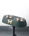 Elegant dark green double pet bowl with stainless steel inserts and a gold bow detail - Dark Green