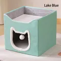 Accogliente cuccia per gatti pieghevole verde menta con ingresso in morbido peluche - Stile con Apertura a Testa di Gatto / 40x40x36.5cm / Blu lago