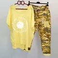 Casual women's two-piece set featuring yellow floral t-shirt and camouflage pants - 3XL / Top And Bottom / Yellow Circle Flower (134105-6)