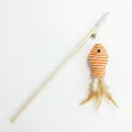 Handheld wooden cat teaser wand toy featuring a striped rope fish and soft feathers - Orange Paper Rope Fish Style / Independent OPP Packaging