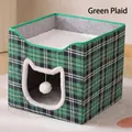 Letto pieghevole per gatti a quadretti verdi con ingresso a forma di gatto e cuscino - Stile con Apertura Plaid / 40x40x36.5cm / Scacchiera Verde