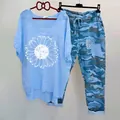 Women's casual two-piece outfit featuring a light blue sunflower T-shirt and camo pants - 3XL / Top And Bottom / Blue Circle Flower (134105-6)