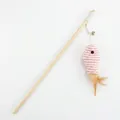 Interactive wooden cat teaser wand with a pink striped rope fish, bell and feather. - Pink Paper Rope Fish Style / Independent OPP Packaging
