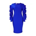 Front view of royal blue dress showcasing elegant silhouette and ruffled sleeve design - S / Dresses / Sapphire Blue