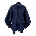 Stylish blue denim two-piece set featuring puff sleeve pussy-bow blouse and shorts - S / Top And Bottom / Blue