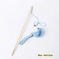 Interactive wooden cat teaser wand featuring a blue plush bird and a small silver bell - Blue Plush Bird Style / Independent OPP Packaging