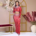 Elegante completo da festa rosso due pezzi con crop top a maniche lunghe e gonna lunga stampata - Taglia S / Top E Pantaloni / Rosso