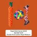 Dog chew toy set with rope carrot, bell ball, and braided cotton rope - Bell Ball Style / Three-Piece Set