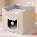 Casetta per gatti pieghevole beige con fodera in peluche e pallina - Stile con Apertura a Testa di Gatto / 40x40x36.5cm / Beige