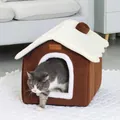 Cozy house-shaped warm cat bed in brown and white plush fabric - S / Coffee