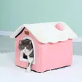 Cozy pink house-shaped pet bed for cats and dogs with soft white plush roof and pompom - S / Pink