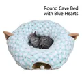 Blue and white heart pattern foldable round cat tunnel bed with plush hanging ball - Round Style