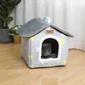 Warm grey house-shaped indoor cat bed with yellow star patterns and soft plush roof - Gray Star