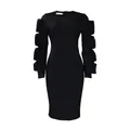 Detailed view of the elegant tiered ruffled sleeves on this black long-sleeved dress - S / Dresses / Black
