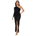 Detalle del vestido negro de lentejuelas asimétrico con abertura y drapeado - S / Vestidos / Negro
