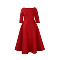 Elegante vestido rojo con cuello de barco, falda acampanada y mangas tres cuartos. - S / Vestidos / Rojo