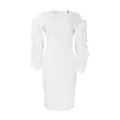 Detail view of white plus size long sleeve dress featuring tiered ruffled sleeves. - S / Dresses / White