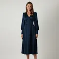 Elegante marineblauwe Franse satijnen jurk met lantaarnmouwen en een V-hals midi - S / Dresses / Donkerblauw