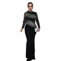 Vista completa del vestido ajustado negro con pedrería y mangas transparentes de malla - S / Vestidos / Negro