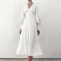Elegante witte satijnen Franse jurk met lantaarnmouwen en A-lijn taille voor dames - Wit