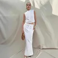 Elegant minimalist white cotton linen two-piece set with vest top and maxi skirt - S / Top And Bottom / White