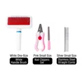 Komplettes 4-teiliges Tierpflege-Set inklusive Zupfbürste Nagelknipser und Kammsatz - Zupfbürste mit Weißem Griff + Nagelknipser-Set + Gerader Kamm (4-teiliges Set) / Rosa Weiß