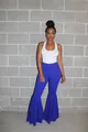 Sexy royal blue high waist flare pants with oversized ruffle hem for evening clubwear - S / Bottoms / Blue